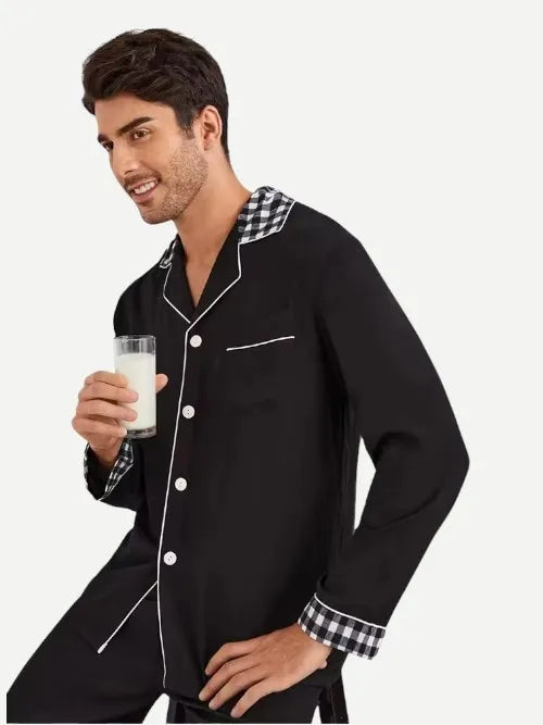 Men's Loungewear Set Plaid Collar Solid Long Sleeve Bamboo Pajamas