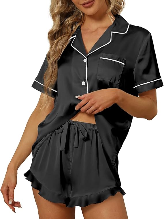 Wholesale Silk Pajama Set  Ruffle Notch Collar Pjs Set Loungewear