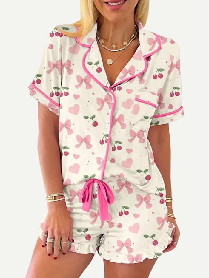 Wholesale cherry bow pattern short pajama set for women