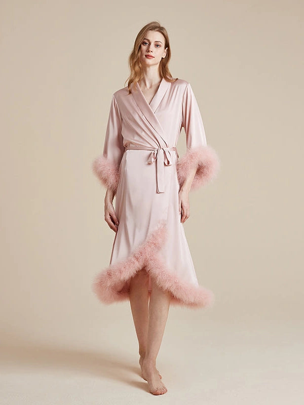 Premium silky robe with feather trim wholesale