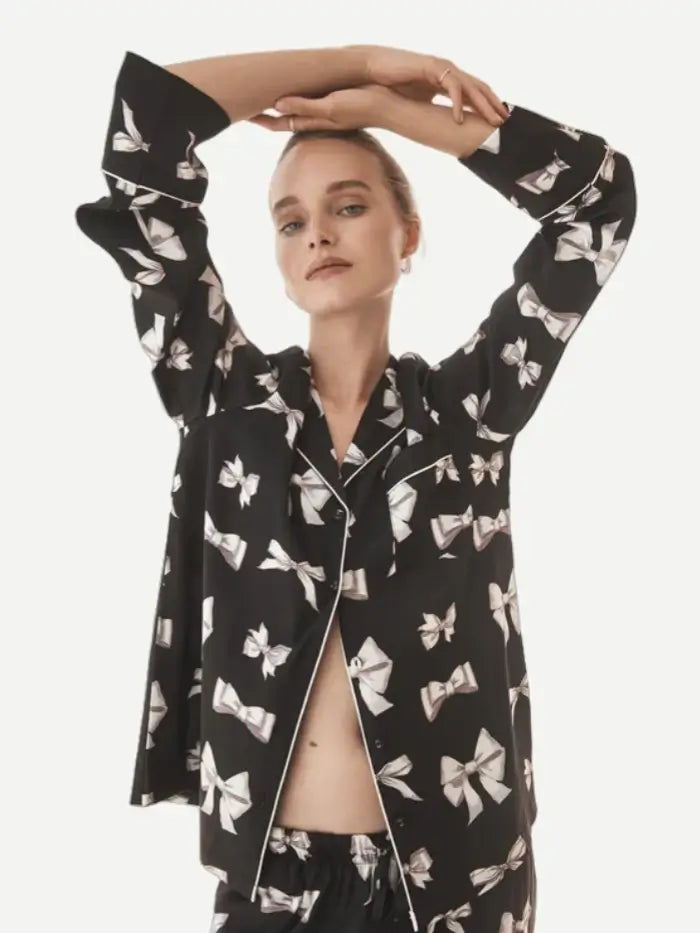 Wholesale black silk satin bow pajama set women's sleepwear
