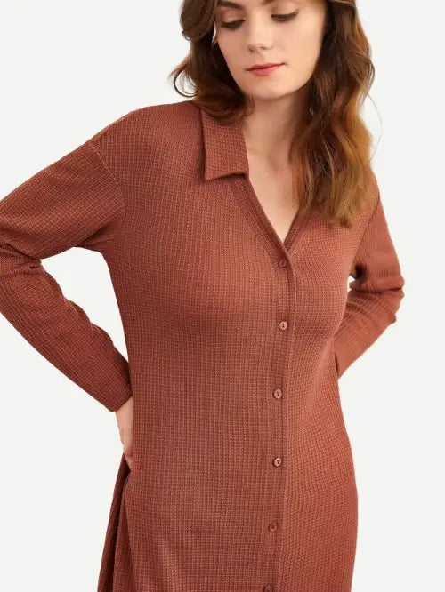 Waffle Knit Sleepshirt Long Sleeve Button Front Womens Lounge Wear