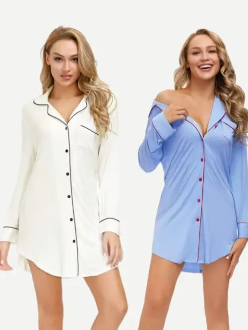 Custom Bamboo Nightgown Women Pocket Front Button Up Night Shirt