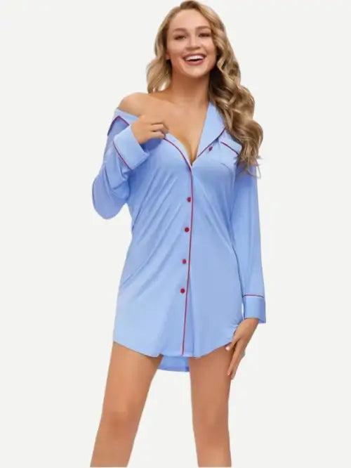 Custom Bamboo Nightgown Women Pocket Front Button Up Night Shirt