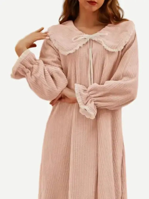 Wholesale Winter Nightgowns Tie Front Flannel Lounge Night Gown Dress