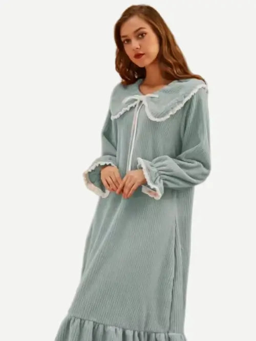 Wholesale Winter Nightgowns Tie Front Flannel Lounge Night Gown Dress