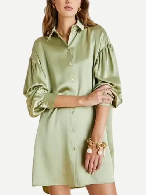 Luxury Custom Green Satin Silk Women Nightshirt Pajama Shirt Gathered Sleeve