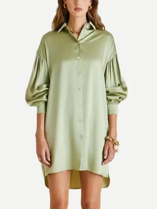 Luxury Custom Green Satin Silk Women Nightshirt Pajama Shirt Gathered Sleeve