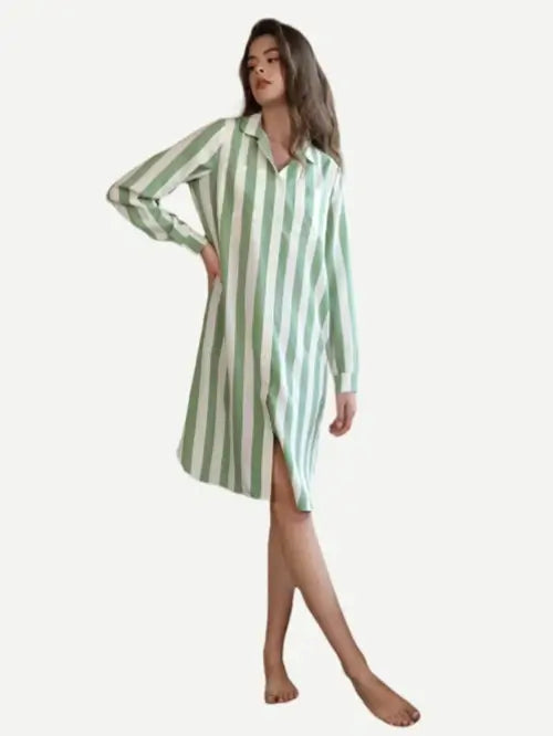 Striped Custom Print Nightgown Cotton Nightshirts Knit Wholesale Sleep Shirt