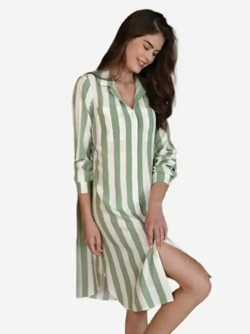 Striped Custom Print Nightgown Cotton Nightshirts Knit Wholesale Sleep Shirt