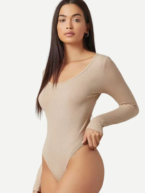 Rib-Knit Skinny Casual Bodysuits Women Form Fitted Solid Long Sleeve Onesie