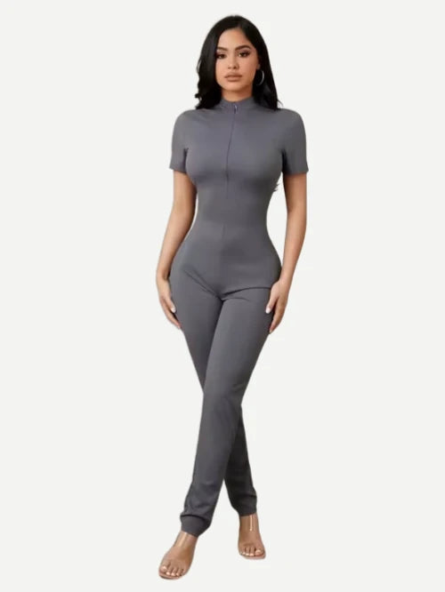 Women Stand Collar Adult Onesie Hidden Zipper Front Jumpsuit