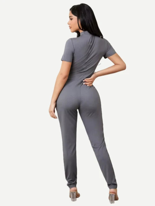 Women Stand Collar Adult Onesie Hidden Zipper Front Jumpsuit