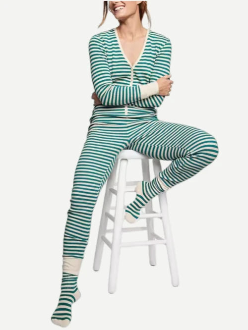 Long Onesie Printed Butt Flap Open Crotch Striped Adult Pajamas Wholesale