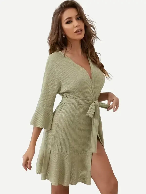 Factory Knit Bamboo Ruffles Waffle Robes Luxury Ruffles Robe Custom